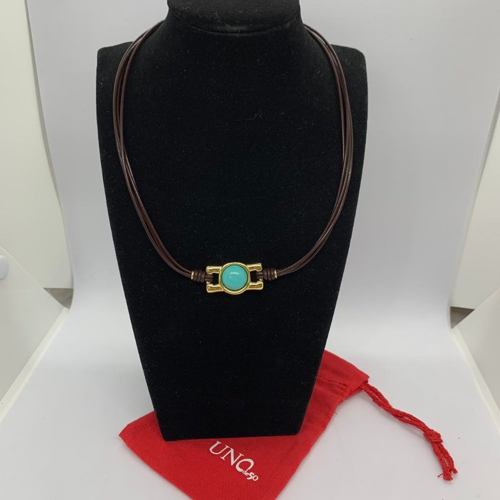 UNO de 50 Darling Necklace brown leather cyan Murano glass bead Gold lobster